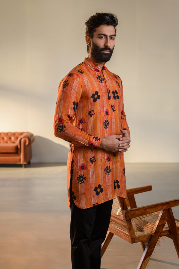 Floral Orange - Russian Silk  - Ganganagry Kurta For Men