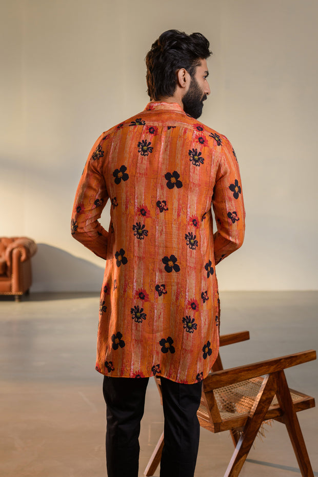 Floral Orange - Russian Silk  - Ganganagry Kurta For Men