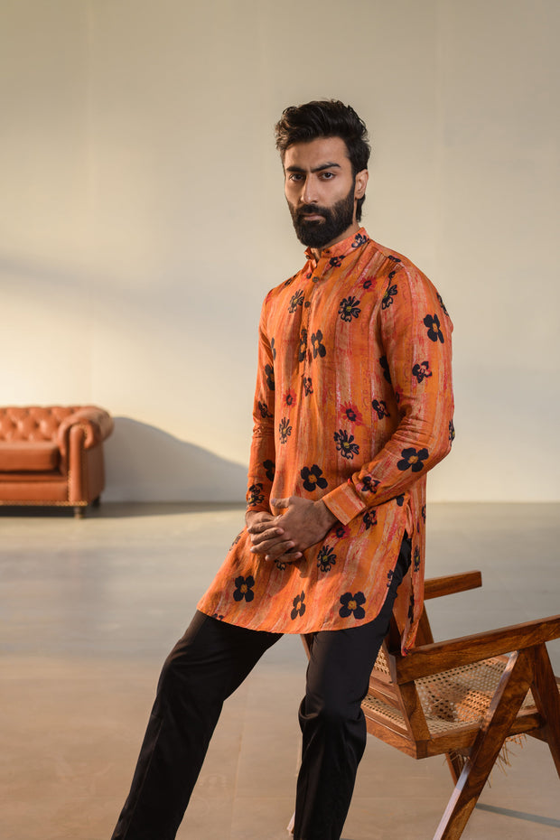 Floral Orange - Russian Silk  - Ganganagry Kurta For Men