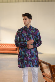 Leopard Midnight Floral Black - Silk - Ganganery Kurta For Men