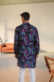 Leopard Midnight Floral Black - Silk - Ganganery Kurta For Men