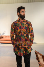 Leopard Multicolor Floral A - Russian Silk - Kurta Bandi Set For Men