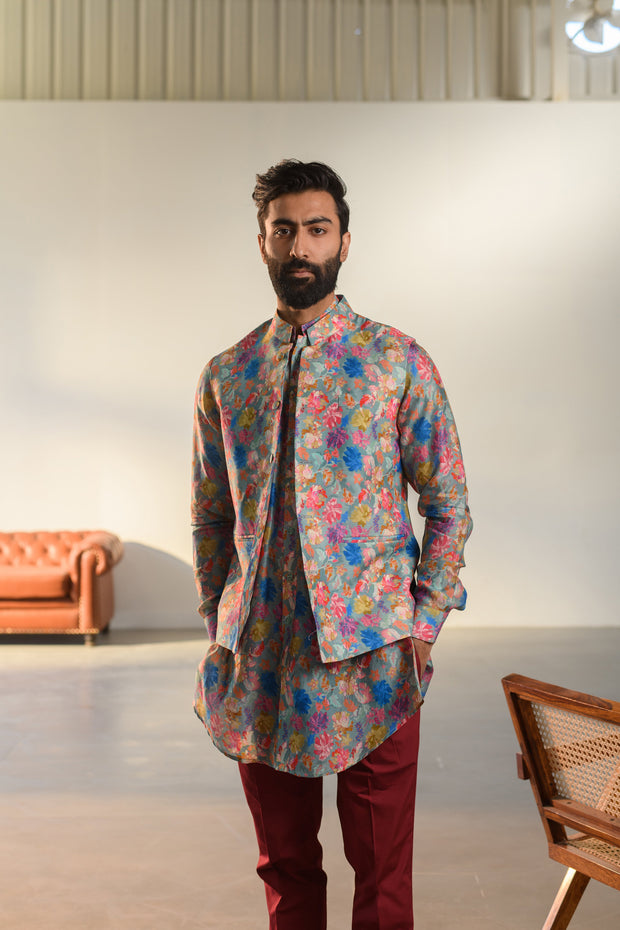 Floral Steel Grey Kurta - Russian Silk - Kurta Bandi Set