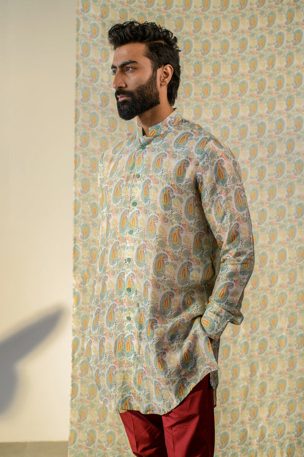 Paisley Cream White - Russian Silk- Full Button Kurta For Men