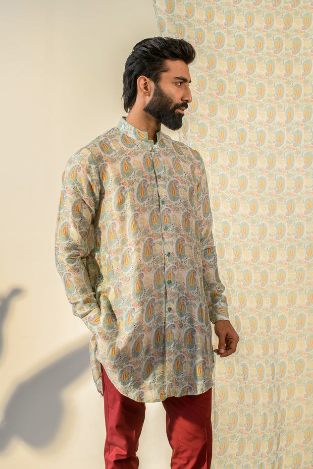 Paisley Cream White - Russian Silk- Full Button Kurta For Men