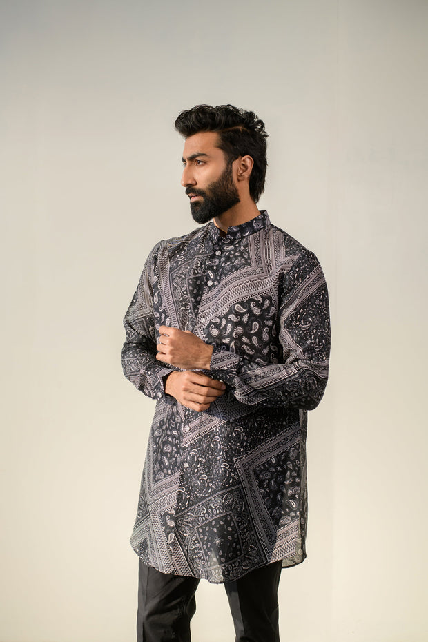 Rustic Boho Black Bandana Russian Silk Full Button Kurta For Men