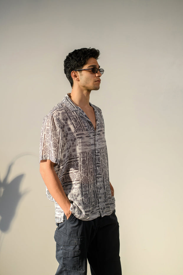 Rustic Boho White Silk Oversize Hawaiian Collar Shirt For Men