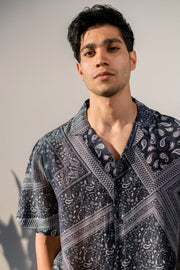 Rustic Boho Black Bandana Silk Oversize Hawaiin Collar Shirt For Men