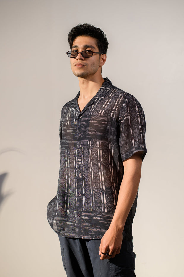 Rustic Boho Black Geometric Silk OverSize Hawaiin Collar Shirt For Men