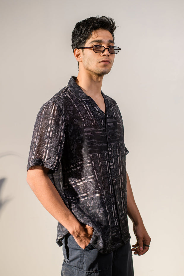 Rustic Boho Black Geometric Silk OverSize Hawaiin Collar Shirt For Men