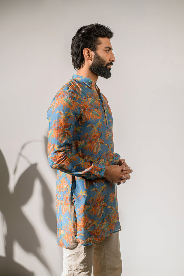 Leopard Floral Blue - Silk - Ganganagry Kurta For Men