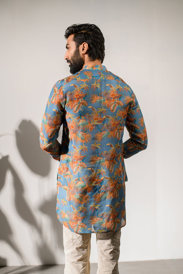 Leopard Floral Blue - Silk - Ganganagry Kurta For Men