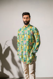 Lilly Green Leaf A - Silk - Full Button Kurta For Men