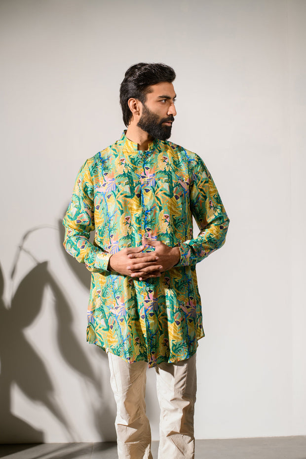 Lilly Green Leaf A - Silk - Full Button Kurta For Men