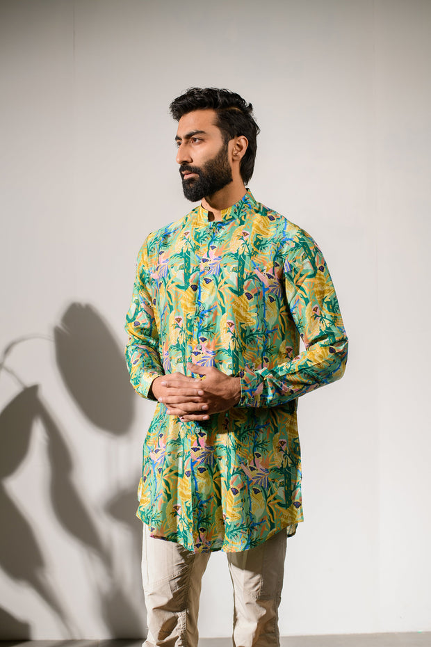 Lilly Green Leaf A - Silk - Full Button Kurta For Men