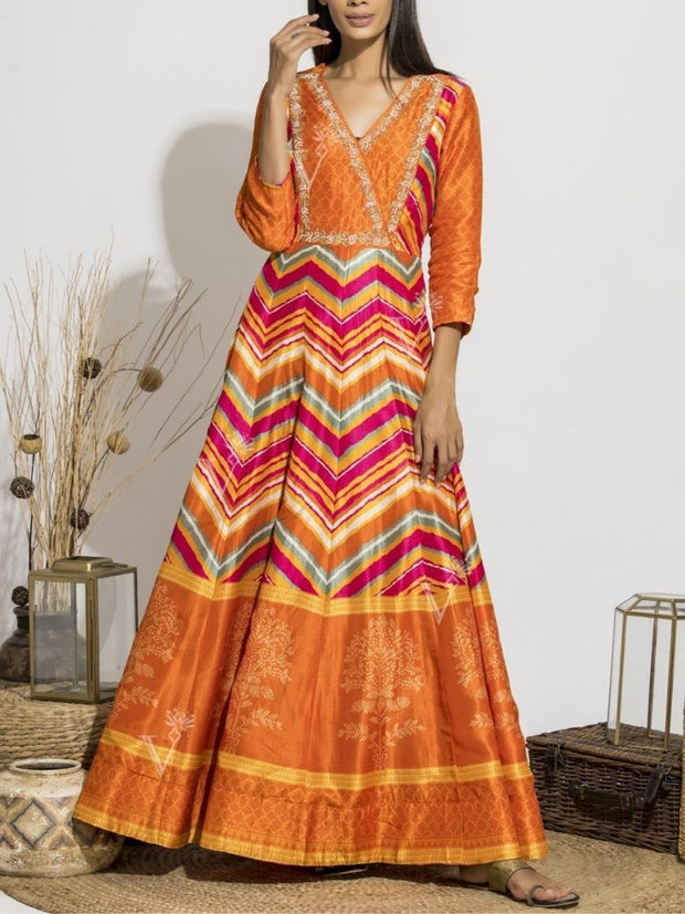 Orange Vasansi Signature Leheriya Anarkali Gown