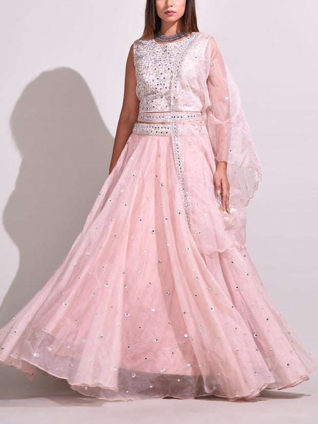 Peach Organza Lehenga Set