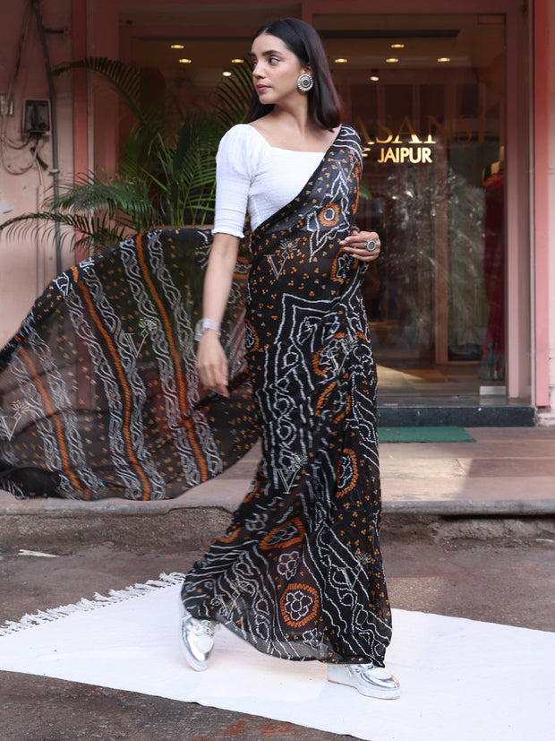 Black Chinnon Bandhani Saree