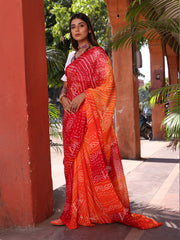 Red and Orange Chinnon Bandhani Saree