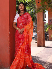 Red and Orange Chinnon Bandhani Saree