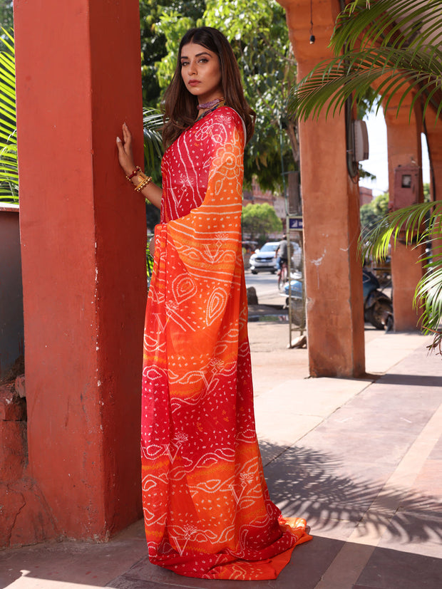 Red and Orange Chinnon Bandhani Saree