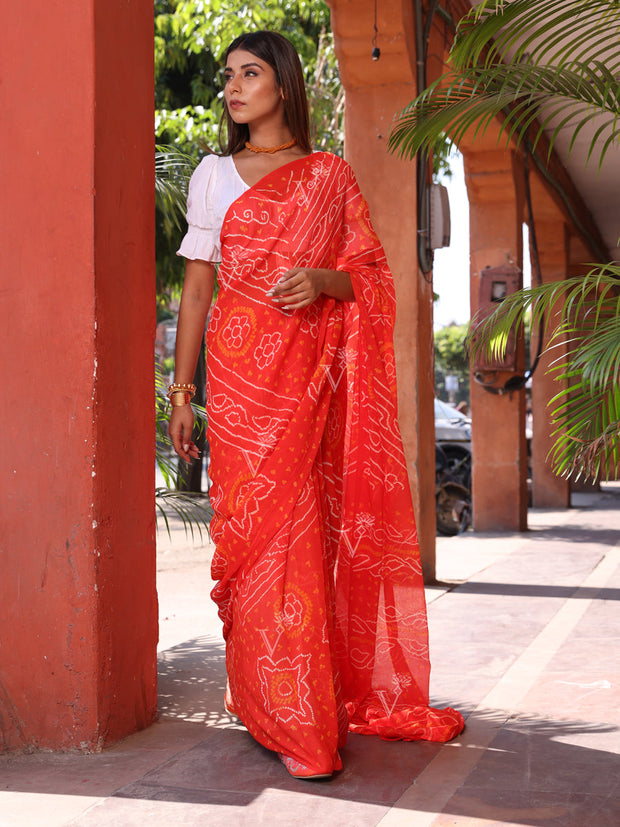 Orange Chinnon Bandhani Saree