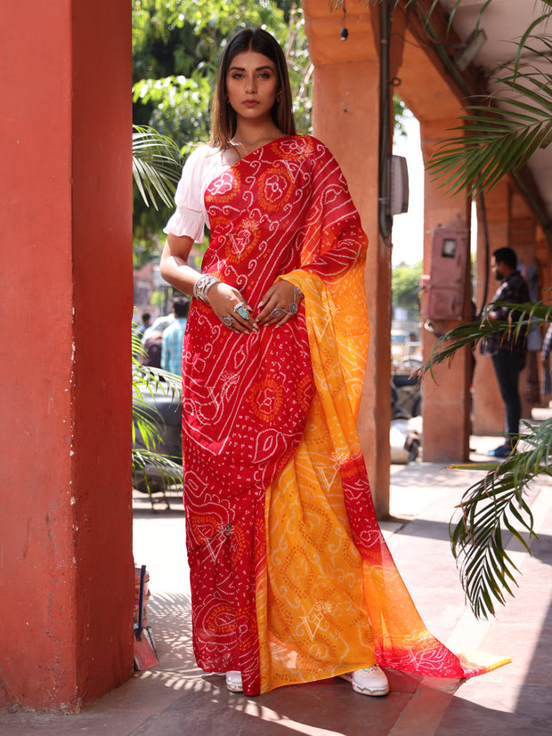 Red and Yellow Pure Bandhej Chinnon Saree