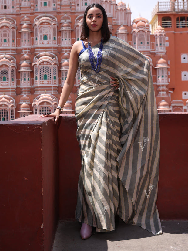 Grey and Lemon Silk Leheriya Saree