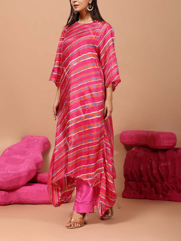 Pink Silk Leheriya Asymmetric Kurta and Pant Set