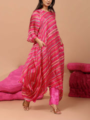 Pink Silk Leheriya Asymmetric Kurta and Pant Set