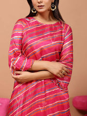 Pink Silk Leheriya Asymmetric Kurta and Pant Set