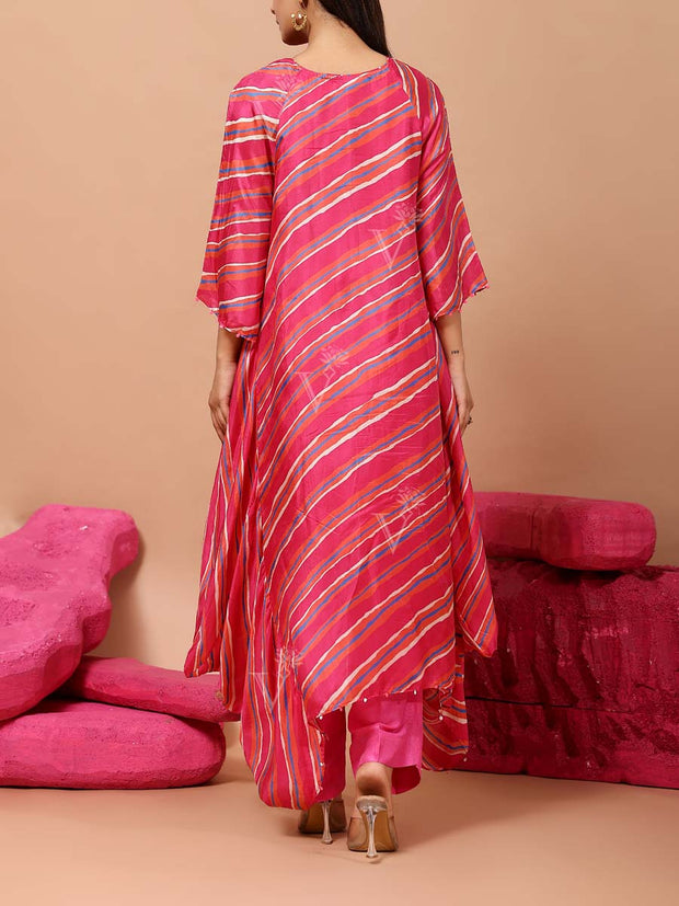 Pink Silk Leheriya Asymmetric Kurta and Pant Set