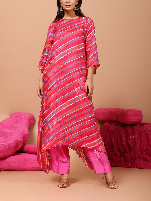 DD28, MTO, U2, Pink, Tabby Silk , Leheriya , Asymmetric Kurta and Pant Set , Kurta and pant set , rakhiedit , monsoon24