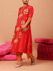 Red Vasansi Silk Leheriya Kurta and Pant Set