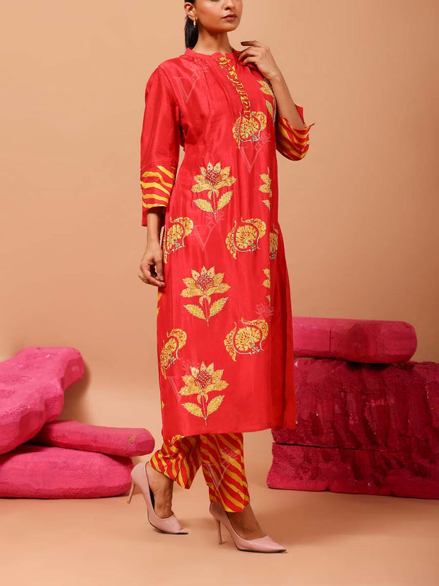 Red Vasansi Silk Leheriya Kurta and Pant Set