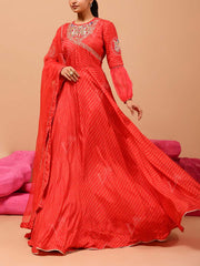 Red Vasansi Silk Leheriya Anarkali Gown