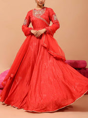 Red Vasansi Silk Leheriya Anarkali Gown