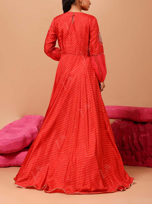 Red Vasansi Silk Leheriya Anarkali Gown