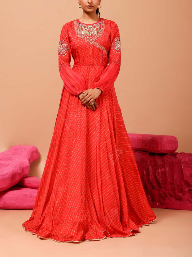 DD28, MTO, VK, Red , Vasansi Silk , Leheriya , Anarkali  , Gown , leheriya gown , rakhiedit