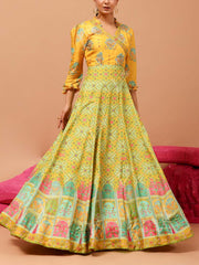 Yellow Vasansi Silk Printed Anarkali Gown