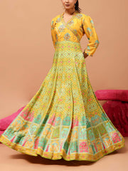 Yellow Vasansi Silk Printed Anarkali Gown