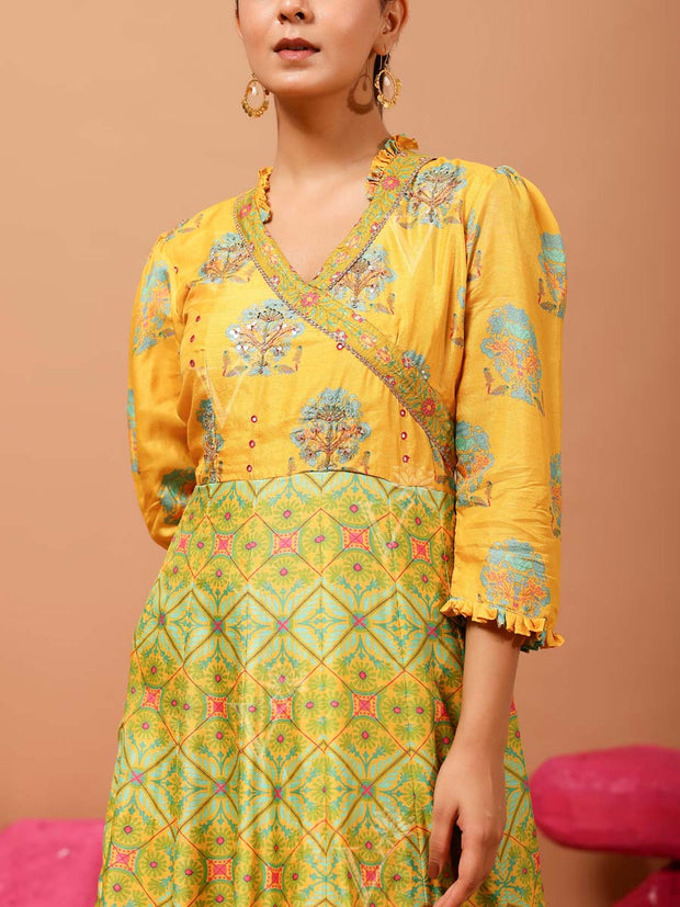 Yellow Vasansi Silk Printed Anarkali Gown