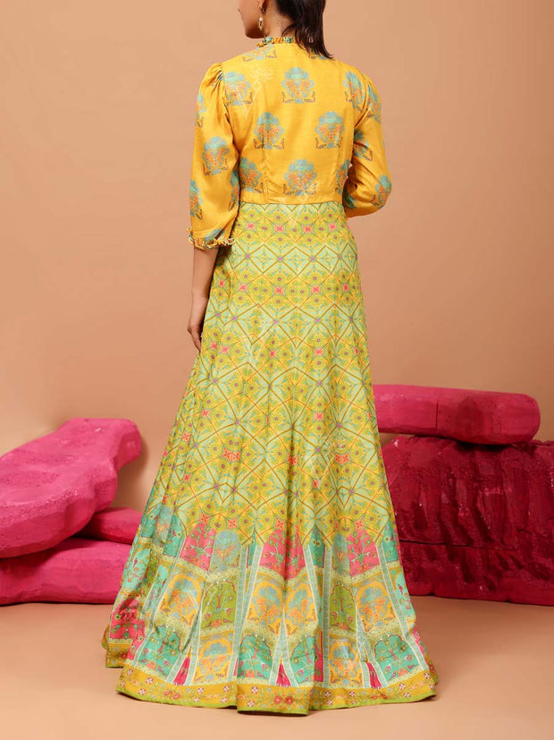 Yellow Vasansi Silk Printed Anarkali Gown