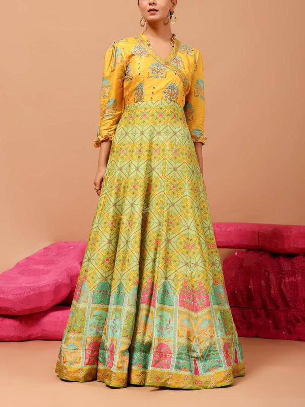 DD28, MTO, VK, Yellow , Vasansi Silk , Printed , Anarkali , Gown , rakhiedit