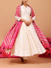 DD28, MTO, U2, Off White , Chanderi , Anarkali Suit , Pink , leheriya Dupatta , chanderi suit set , suit set , leheriya 