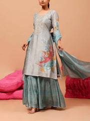 Blue Green Vasansi Silk Kurta and Sharara Suit Set