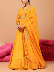 Yellow Vasansi Silk Leheriya Anarkali Gown