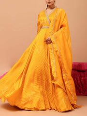 Yellow Vasansi Silk Leheriya Anarkali Gown