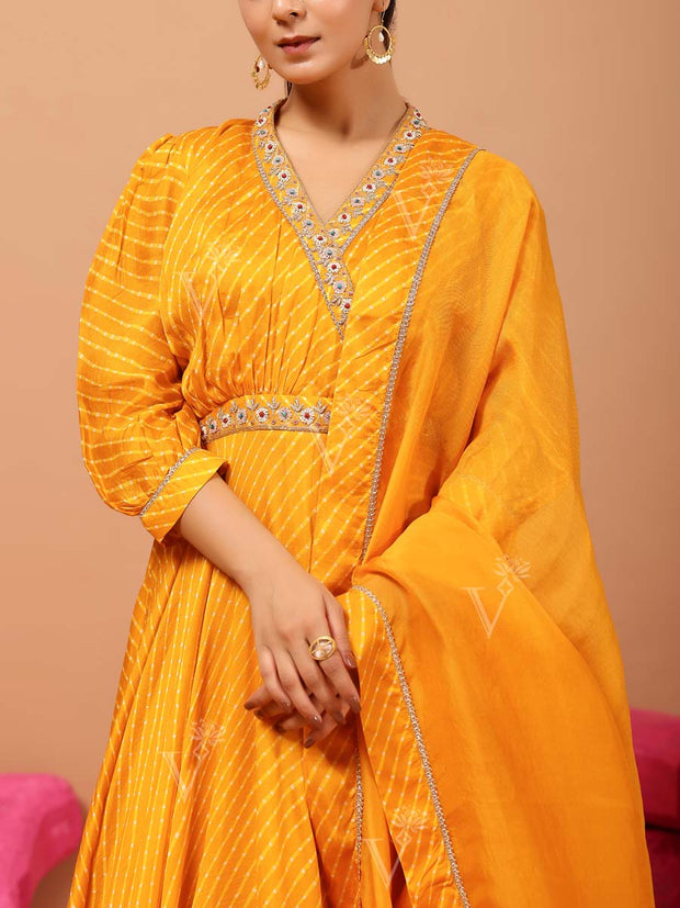 Yellow Vasansi Silk Leheriya Anarkali Gown