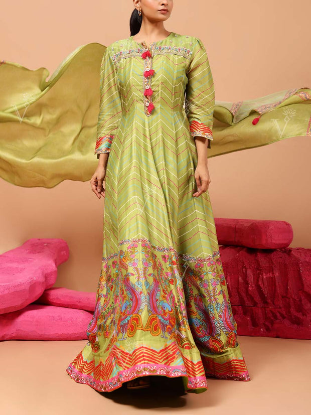 Green Vasansi Silk Leheriya Anarkali Gown